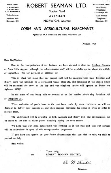 Letter announcing Aylsham Granary closure - August 1969