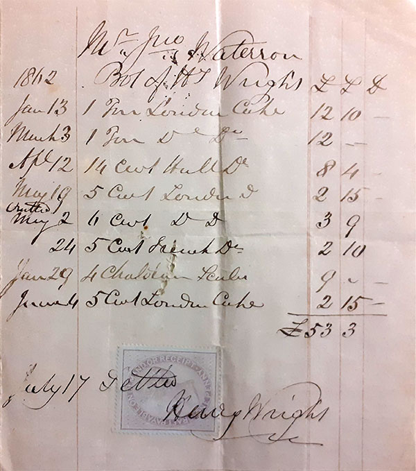 Invoice from John Waterson to Henry Wright 1862