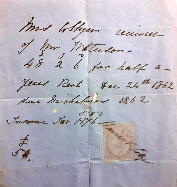 Rent receipt from Harriot Collyer to John Waterson - December 1862